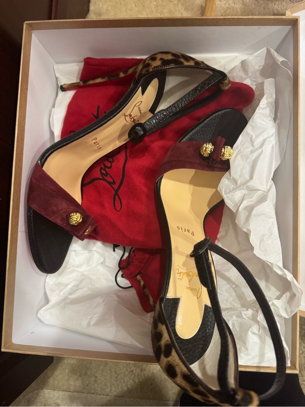 Christian Louboutin Burgundy Suede & Leopard Slingback Heels